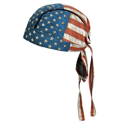 Side view of the vintage American flag head wrap showing the stars and striped ties.