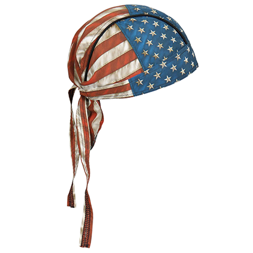 Opposite side view of the red, white, and blue flag head wrap.