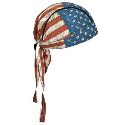 Opposite side view of the red, white, and blue flag head wrap.