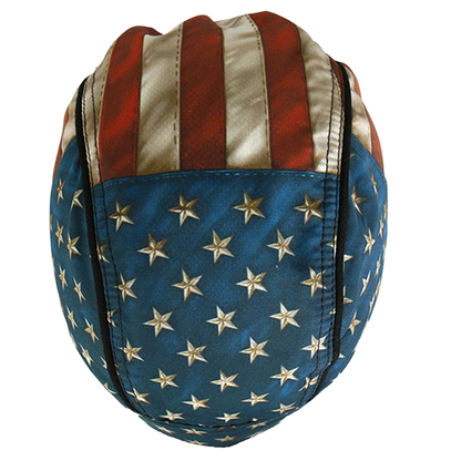 Top view showing the vintage flag pattern across the head wrap.