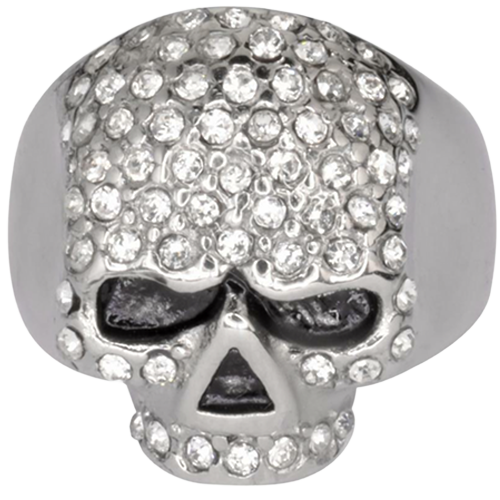 Silver skull ring with clear gemstones