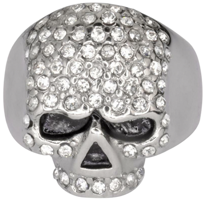 Silver skull ring with clear gemstones