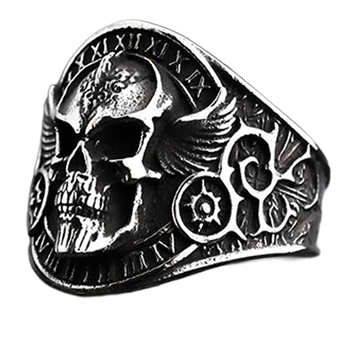 Stainless steel winged skull ring with Roman numeral bezel.