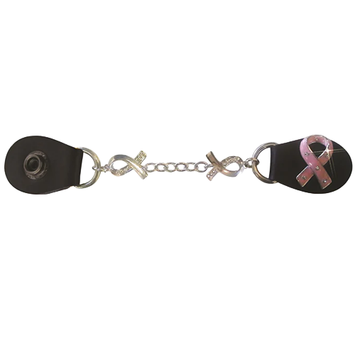 A 6.5 inch pink ribbon vest extender with a durable leather connector and a high-quality chain, featuring a pink ribbon symbol.