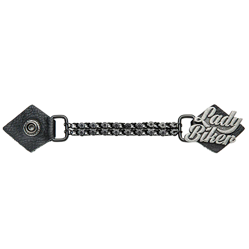 A 7-inch matte black biker vest extender with chain and leather connectors, designed for women.