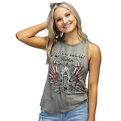 Woman wearing a 'American Rider' tank top with a motorcycle graphic with rhinestones.