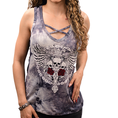 Woman wearing a tank top with skull and wings design.
