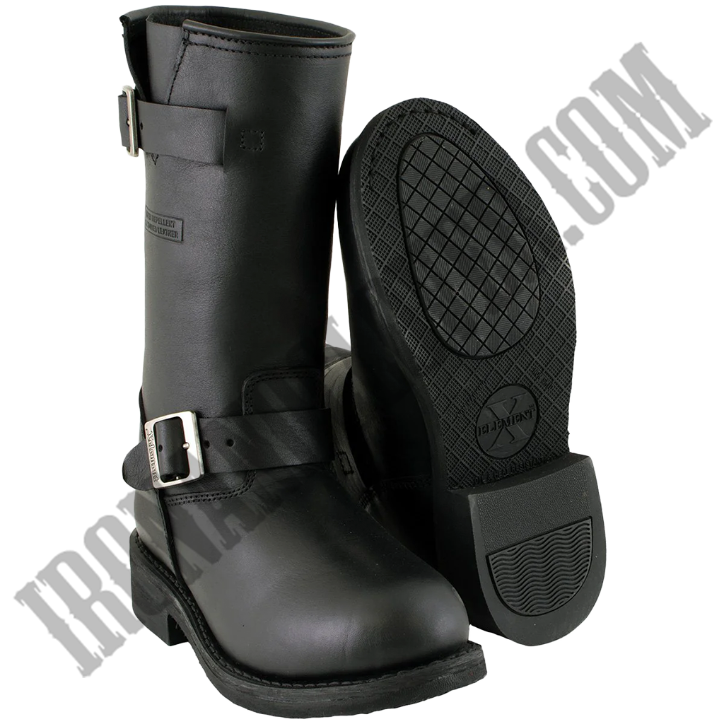 A pair of black leather motorcycle riding boots with a neoprene sole and heel, featuring adjustable buckle straps.