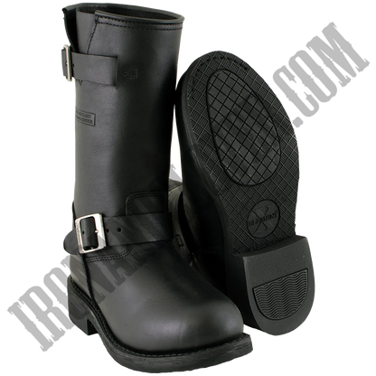 A pair of black leather motorcycle riding boots with a neoprene sole and heel, featuring adjustable buckle straps.