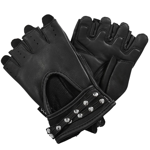 Pair of black leather fingerless gloves with studded details.
