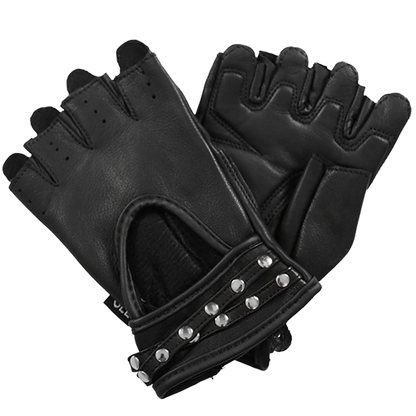 Pair of black leather fingerless gloves with studded details.