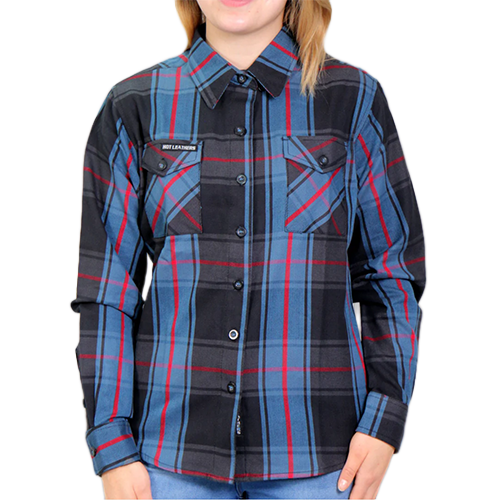 A woman wearing a blue, red, and black checkered flannel shirt with long sleeves and a collar.