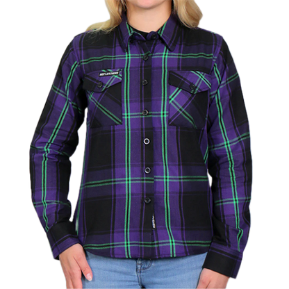 Womens Button Up Biker Flannel Shirt In Purple, Green And Black