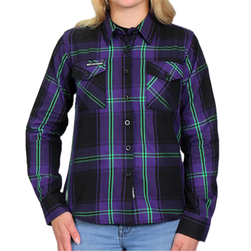 Womens Button Up Biker Flannel Shirt In Purple, Green And Black