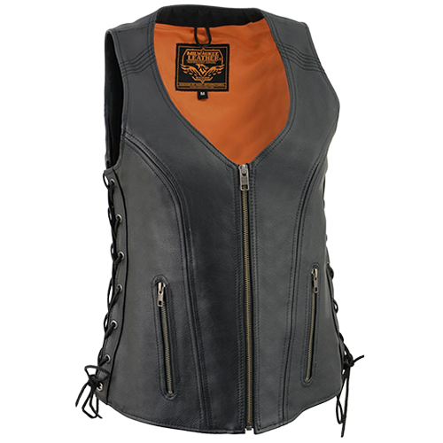 Women's black premium leather motorcycle vest with side laces, V-neck, and concealed carry pockets.