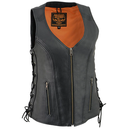 Women's black premium leather motorcycle vest with side laces, V-neck, and concealed carry pockets.