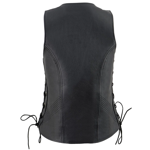 Black women's motorcycle vest with side lace adjustment, V-neck design, and full-grain leather construction.