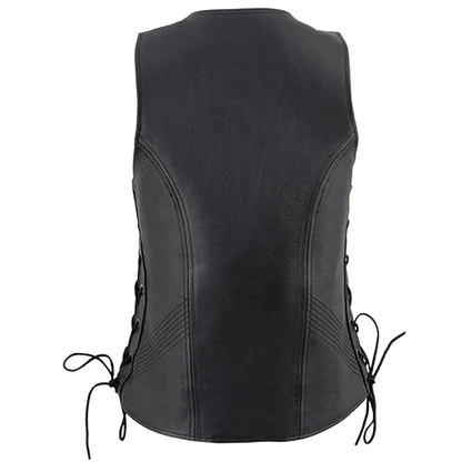 Black women's motorcycle vest with side lace adjustment, V-neck design, and full-grain leather construction.