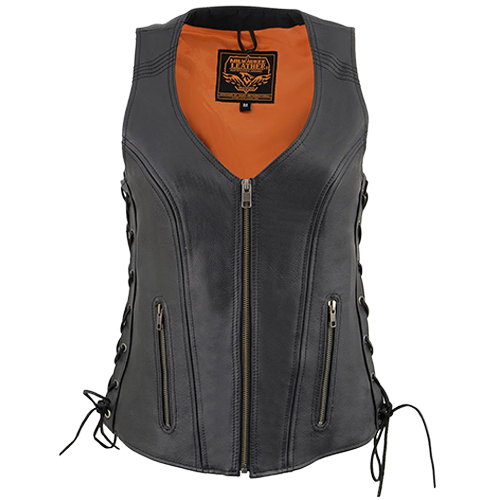 Milwaukee Leather women's black leather riding vest with adjustable side laces and front zipper.