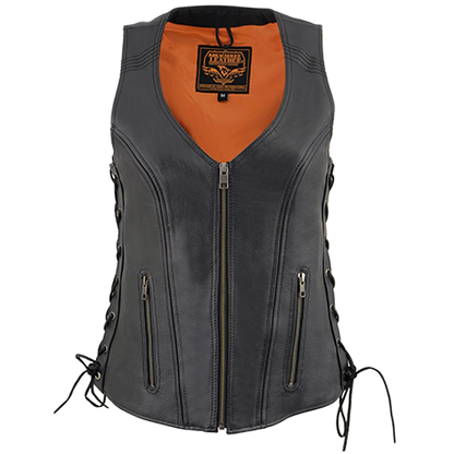 Milwaukee Leather women's black leather riding vest with adjustable side laces and front zipper.