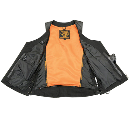 Women's premium leather biker vest with concealed carry pockets, satin lining, and patch-ready back.