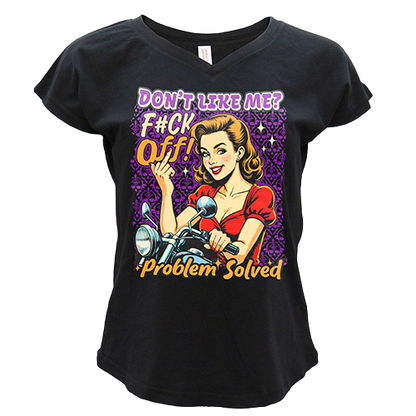 Women’s black V-neck biker tee with retro pin-up graphic and Problem Solved slogan on front