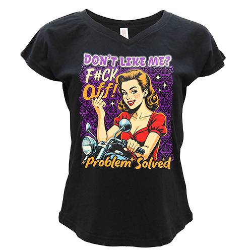 Women’s black V-neck biker tee with retro pin-up graphic and Problem Solved slogan on front