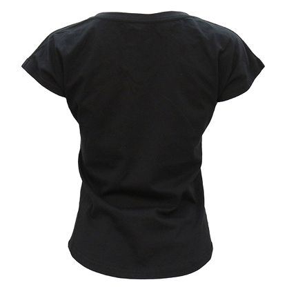 Black biker women’s shirt with vintage pin-up illustration and sarcastic slogan graphic back view
