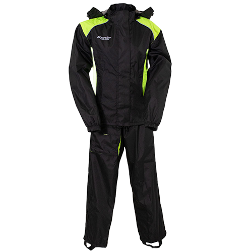 A two-piece women's rain suit in black with neon yellow accents, including a jacket and pants with reflective trim, designed for visibility and protection in low-light conditions.