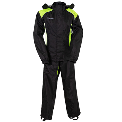 A two-piece women's rain suit in black with neon yellow accents, including a jacket and pants with reflective trim, designed for visibility and protection in low-light conditions.