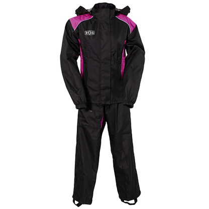 A two-piece women's rain suit in black with pink accents, including a jacket and pants with reflective stripes.