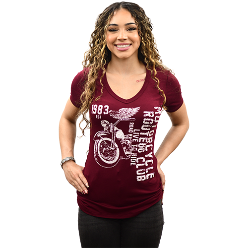 Woman wearing maroon Women’s Route 66 Club Shirt with distressed motorcycle graphic and V-neck front