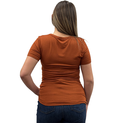 Back view of Women’s Rt. 66 Vibes rust short sleeve V-neck motorcycle shirt