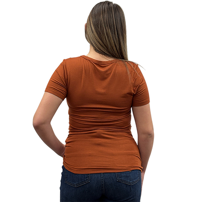 Back view of Women’s Rt. 66 Vibes rust short sleeve V-neck motorcycle shirt