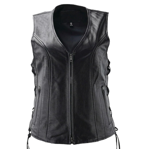 A black leather vest for women with adjustable side laces, a concealed carry pocket, and two front zippered pockets.