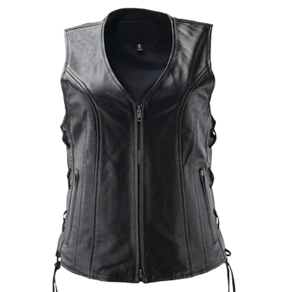 A black leather vest for women with adjustable side laces, a concealed carry pocket, and two front zippered pockets.