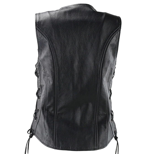 Back view of womens biker vest with concealed carry pocket.