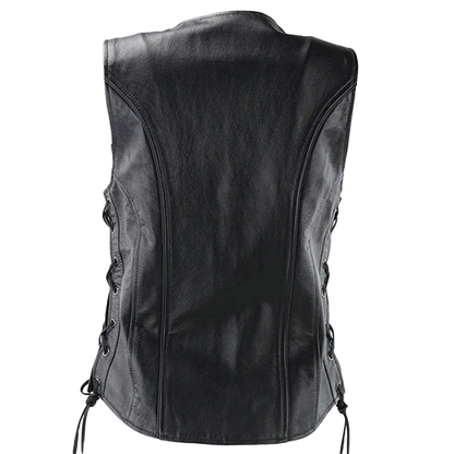 Back view of womens biker vest with concealed carry pocket.