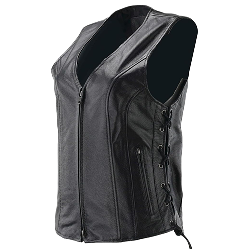 Motorcycle leather vest for women with side laces and zipper pockets.