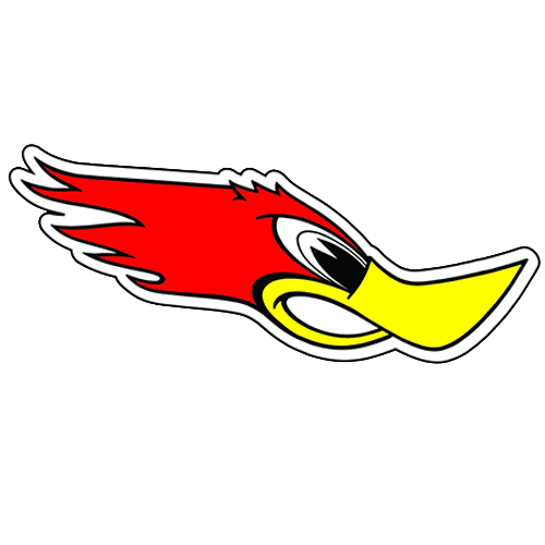 Right-facing Woodpecker motorcycle helmet sticker.