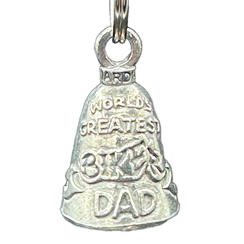 A silver bell with the inscription 'WORLD'S GREATEST BIKER DAD' 