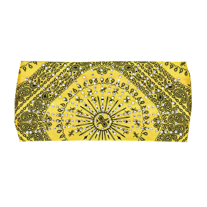 Yellow bandana rhinestone headband wrap with paisley design and crystal accents