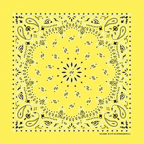A yellow bandana with paisley pattern.
