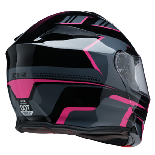 A modular motorcycle helmet with pink graphics, drop-down sun visor, and polycarbonate shell