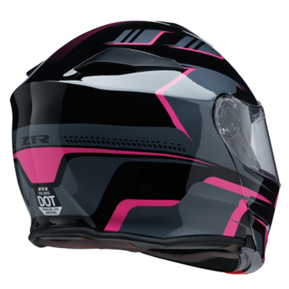 A modular motorcycle helmet with pink graphics, drop-down sun visor, and polycarbonate shell