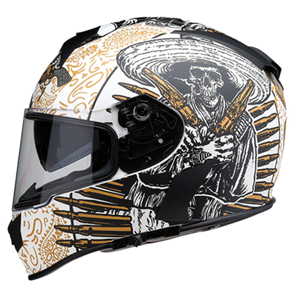 Motorcycle helmet with skull and bullets design.