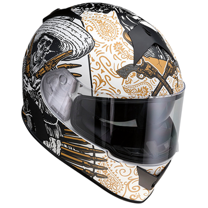 Motorcycle helmet with a black, white, and gold design