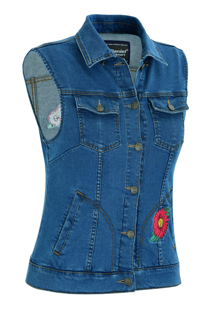 Blue Denim Vest with Red Daisies