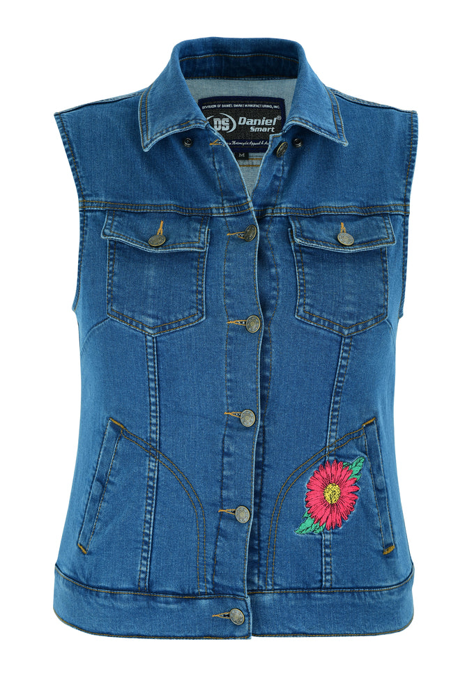 Blue Denim Vest with Red Daisies