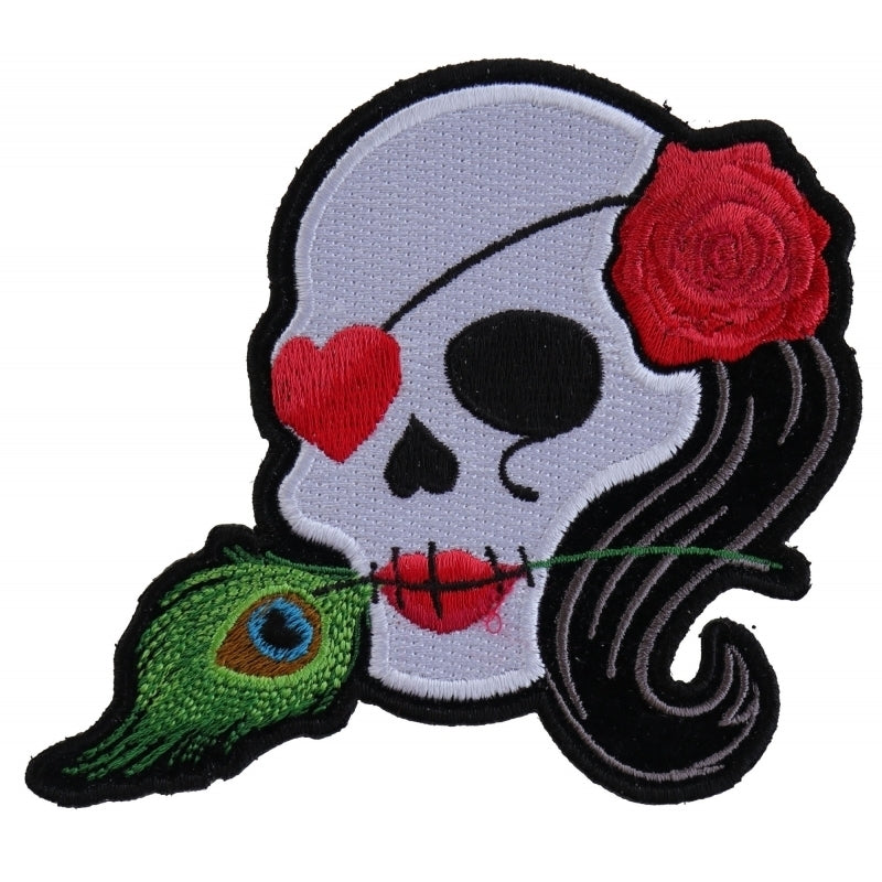 Lady Sugar Skull with Pink Rose and Feather Small Patch